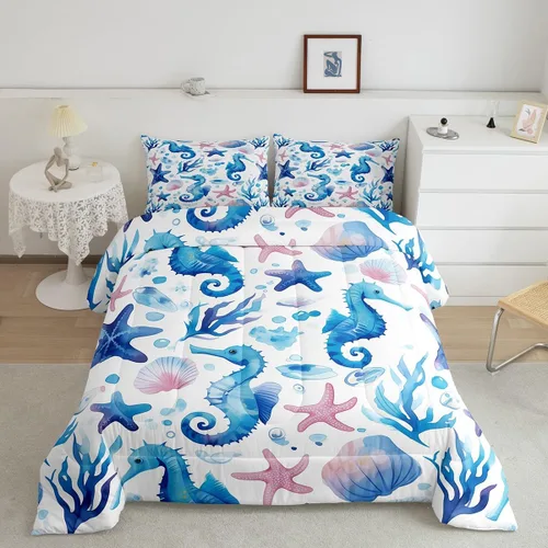Vista 45 de Erosebridal Blue Ocean - Juego de edredón tamaño individual Juego de ropa de cama de ballena delfín y tortuga marina para niños y niñas, juego