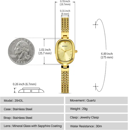 Vista 6 de BERNY Relojes pequeños de oro para mujer, impermeable, delicado, reloj de pulsera vintage para mujer, relojes analógicos de cuarzo para muñecas