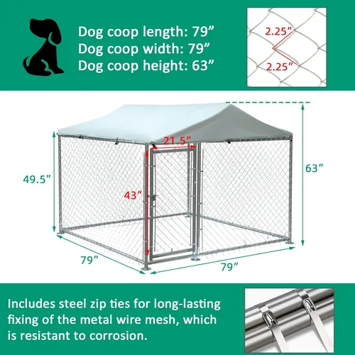 Vista 6 de VIVIJASON Perrera grande para perros al aire libre, jaula de valla resistente para mascotas con cadena galvanizada, caja para mascotas con techo