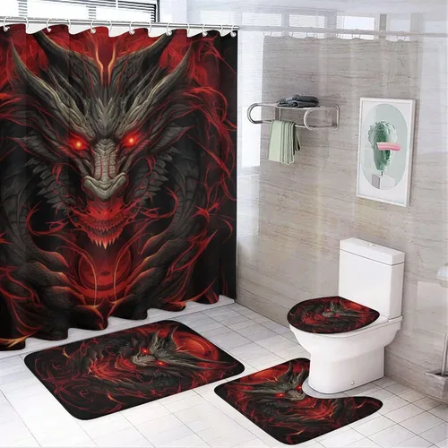 Vista 12 de Juego de 4 cortinas de ducha clásicas de dragón, animales mitológicos, criatura roja fuego, juego de baño con cortina de ducha, alfombra para tapa