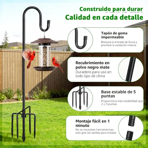 Vista 2 de Ganchos de pastor resistentes de 46 pulgadas para exteriores, poste de comedero de pájaros con base de 5 puntas, gancho de pastor de altura Negro