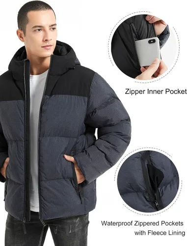 Vista 6 de Bakery Chaqueta acolchada para hombre con capucha, impermeable, acolchada, gruesa y cálida, abrigo de invierno aislado, chaqueta de esquí
