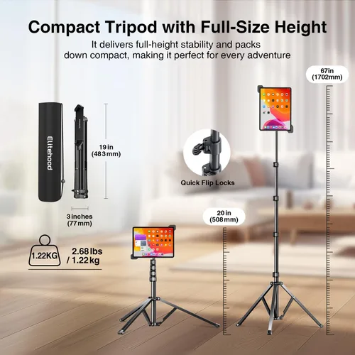 Vista 4 de elitehood Soporte de aluminio para iPad con soporte diagonal para tableta, trípode para iPad de 65 pulgadas de altura ajustable, trípode giratorio