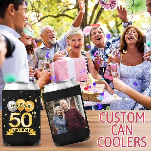 Vista 2 de Fundas enfriadoras de latas de cumpleaños, soporte personalizado para botellas de cerveza a granel con nombre de foto, suministros para fiestas