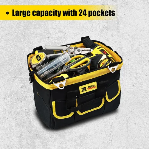 Vista 5 de Bolsas de herramientas de 13 pulgadas con parte inferior suave impermeable, múltiples bolsillos de boca ancha para herramientas con correas