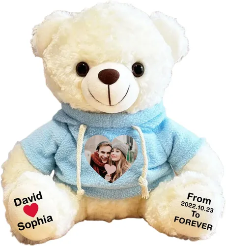 Vista 9 de Oso de peluche personalizado con fecha de texto de imagen, juguetes de peluche personalizados de 11 pulgadas, regalo para novia, novio, cumpleaños