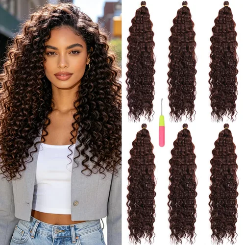 Vista 27 de MAYSA Cabello ondulado de ganchillo azul, cabello ondulado con ganchillo para mujer, extensiones de cabello sintético de onda profunda de 22