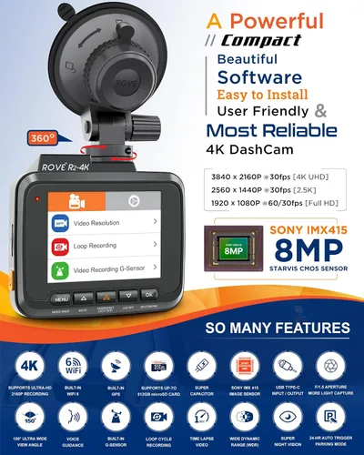 Vista 2 de ROVE R2-4K Dash Cam Grabadora de cámara con WiFi GPS para tablero de automóvil con UHD 2160P, pantalla IPS de 2.4", gran angular de 150°, WDR
