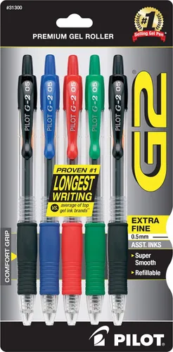 Vista 10 de Bolígrafos Pilot G2 Premium de Gel, punta extra fina de 0.5 mm, bolígrafos de gel negros, paquete de 5 - Ideal para la escuela, escritura en diarios