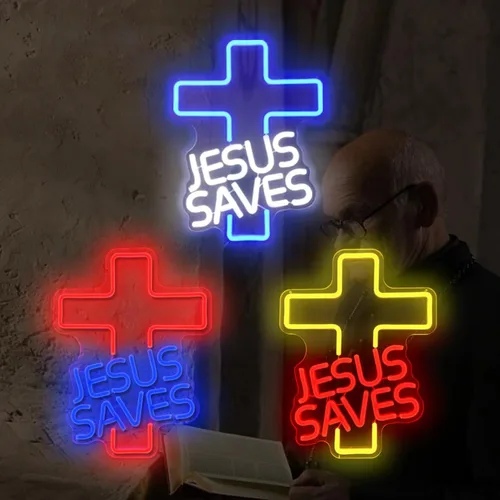 Vista 7 de Letreros de neón con cruz de Jesús salva, letreros LED para decoración de pared, regulables, luces de neón de Jesús para dormitorio, sala de estar