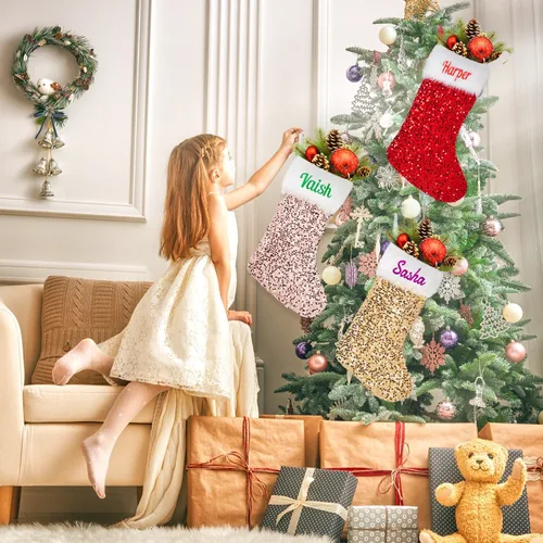 Vista 5 de Ulico Calcetines de Navidad personalizados, 18 pulgadas, con lentejuelas bordadas con nombre personalizado, calcetines de Navidad para niños