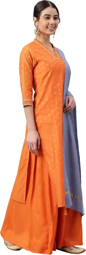 Vista 4 de Janasya Kurta tejida de seda chanderi naranja india para mujer con Palazzo y Dupatta