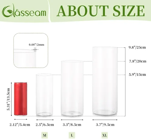 Vista 5 de Glasseam Jarrones cilíndricos transparentes para centros de mesa, juego de 6 jarrones cilíndricos de vidrio, jarrón de huracán para flores