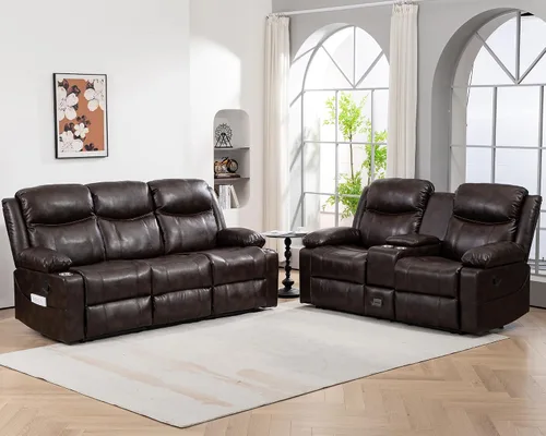 Vista 17 de Sofá reclinable de dos plazas con consola, color azul Manual Recliner Loveseat with Phone Holders, Storage Drawer, Cup Holders, Side Pockets, Dual