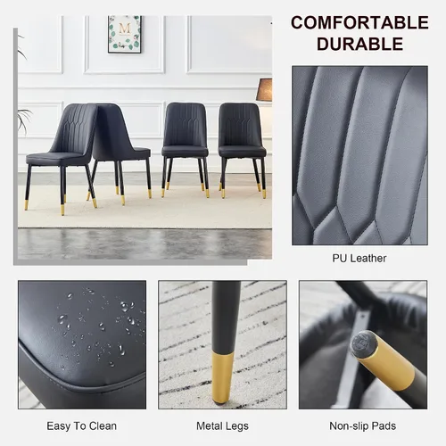 Vista 4 de Juego de 4 sillas de comedor modernas, juego de sillas de cocina de piel sintética, asiento tapizado acolchado grueso, sillas laterales negras sin