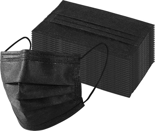 Vista 2 de Mascarillas desechables, paquete de 50, negro, 3 capas, uso diario individual, máscara facial para mujeres y hombres, Negro