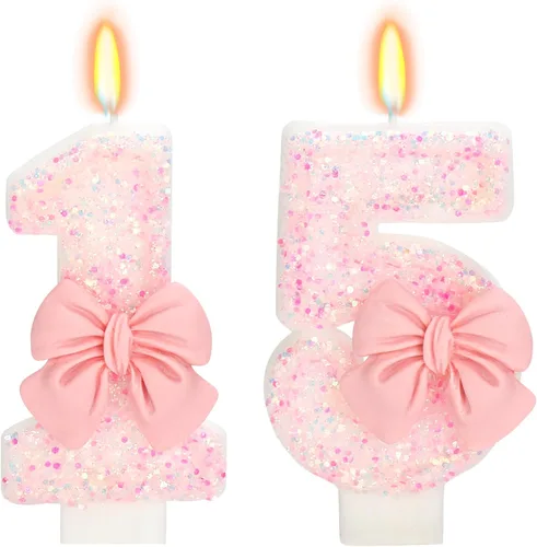 Vista 20 de Vela de cumpleaños para pastel, vela 0 - purpurina rosa con lazo, vela de feliz cumpleaños de 2.76 pulgadas, adorno superior de pastel para fiestas
