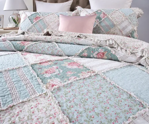Vista 5 de DaDa Bedding - Juego de colcha de algodón con diseño de retazos florales campestres con un toque de menta, acolchada, con volantes multicolor pastel