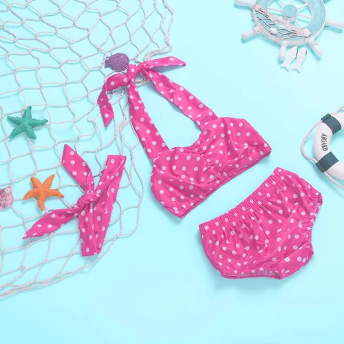 Vista 4 de Bikini para bebé niña, traje de baño de lunares para niños pequeños, conjunto de bikinis con diadema