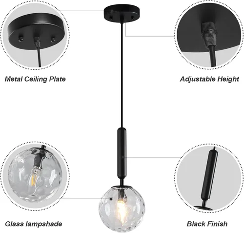 Vista 7 de Lámpara Colgante Negra Moderna Accesorio de Luz Colgante para Isla de Cocina de Mediados de Siglo con Lámpara Colgante de Globo Iluminación Colgante