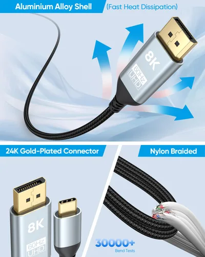 Vista 5 de Cable USB C a DisplayPort 1.4 de 1 pie, 8K a 60 Hz, cable corto USBC a DisplayPort 1.4 4K a 240 Hz compatible con Thunderbolt 5/4/3, MacBook