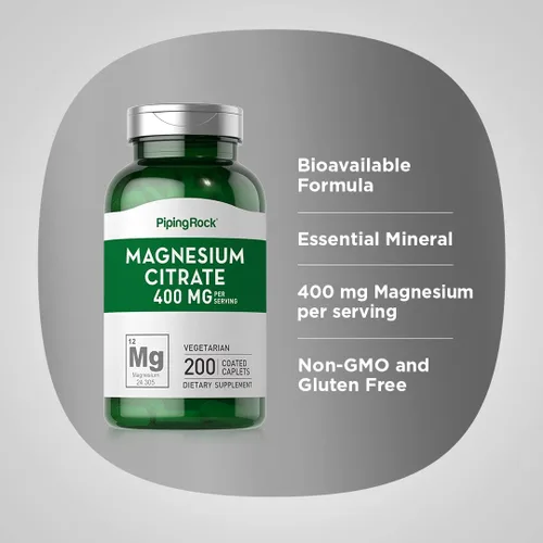 Vista 4 de Piping Rock Citrato de magnesio 400 mg 200 comprimidos Vegetariano, sin OMG, suplemento sin gluten