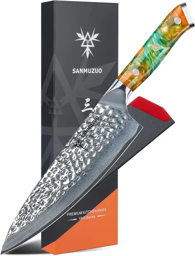 Vista 7 de Cuchillo Santoku de 7" - Cuchillo de chef japonés - Acero de Damasco martillado y mango de resina - Serie YAO