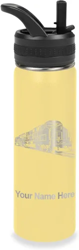 Vista 24 de LaserGram Botella de agua personalizada, tren de carga, acero inoxidable de doble pared aislada al vacío con popote superior, regalo grabado Negro