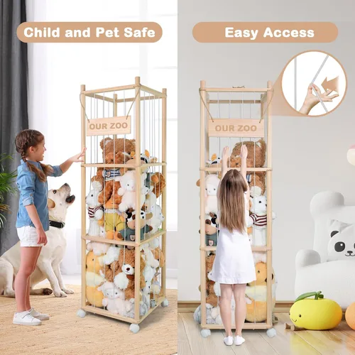 Vista 4 de Almacenamiento de animales de peluche, bonito soporte de madera para juguetes de zoológico con ruedas de freno, organizador de juguetes de ahorro