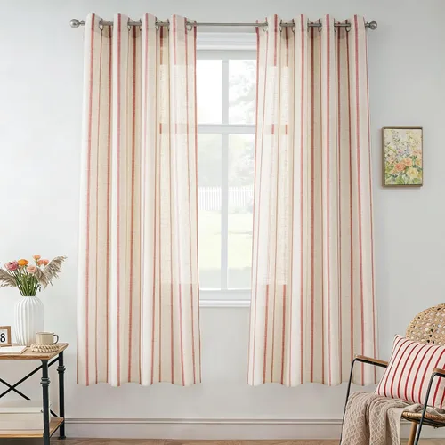 Vista 55 de DriftAway Cortinas de estilo granja con rayas verticales de lino mezclado texturizado con filtro de luz semitransparente para sala de estar