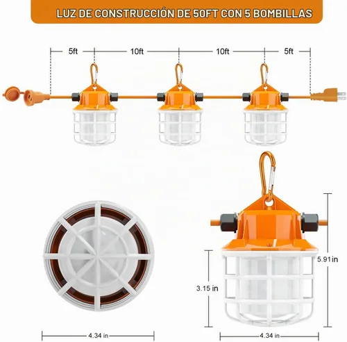 Vista 6 de NS Luces de Cadena de Construcción LED de Grado Industrial de 50 Pies Super Brillantes 5000K IP65 Enlazables para Sitios de Construcción, Trabajo