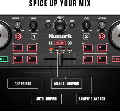 Vista 4 de [Usado] Numark DJ2GO2 Touch - Controlador USB compacto de 2 platos para Serato DJ con mezclador/crossfader, interfaz de audio y rueda de selección