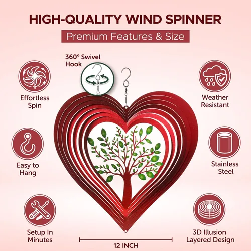 Vista 3 de Molinillos de viento de corazón para exteriores, regalos de cumpleaños para mujeres, mamá, abuela, esposa, 12 pulgadas, de acero inoxidable 3D