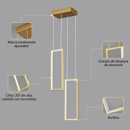Vista 7 de Accesorio de Lámpara Colgante Moderna para Cocina Dorada 18W LED Lámpara Colgante 2 Anillos Candelabro Rectangular Iluminación Colgante para Isla