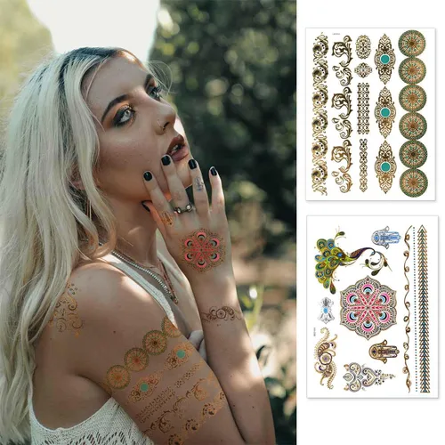 Vista 3 de 12 hojas de tatuajes temporales metálicos dorados destellantes para mujeres y niñas, impermeables, dorados y plateados, calcomanías de tatuaje