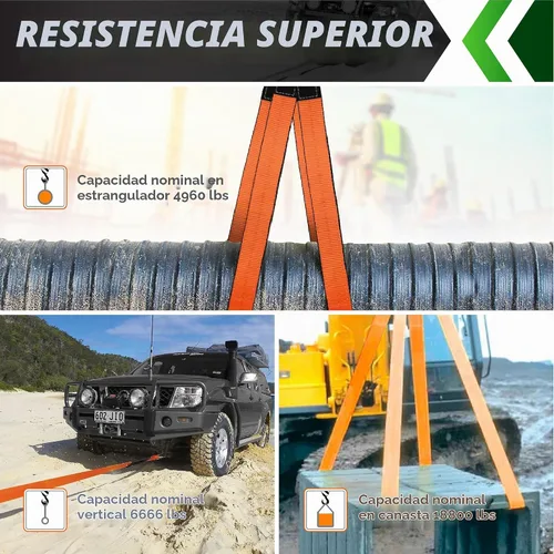 Vista 5 de 2 piezas de 2"x3 pies y 2 piezas de 2"x7 pies de correas de elevación súper resistentes, capacidad de 8527 kg, correa de nylon resistente ojo a ojo