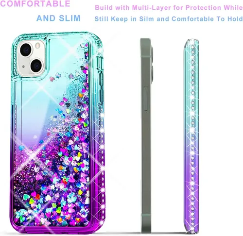 Vista 5 de STARSHOP Funda compatible con iPhone 13, con [protector de pantalla de vidrio templado incluido] Liquid Bling Sparkle Flotante Glitter Quicksand