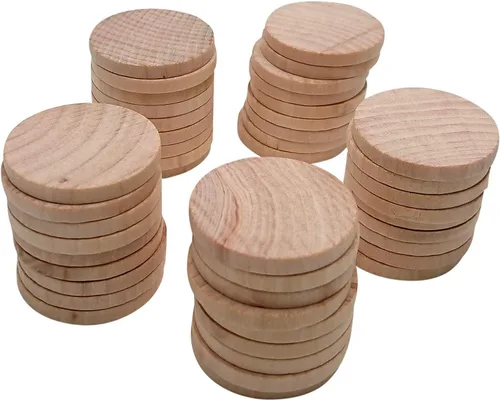 Vista 3 de Monedas de madera natural de 1.5 pulgadas sin terminar, piezas redondas de madera para proyectos de manualidades y artes, 50 por paquete.