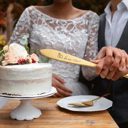 Vista 6 de Juego de cuchillo y servidor para pastel de boda, copas de champán para regalos de despedida de soltera Dorado
