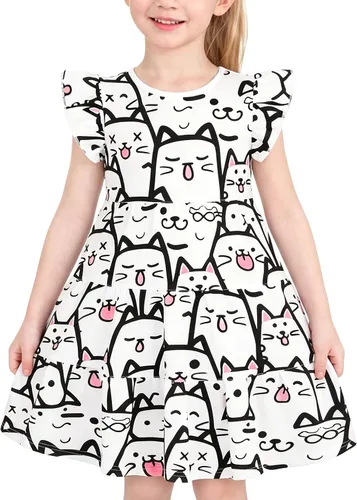 Vista 22 de Vestido casual para niñas, de algodón suave, manga corta, transpirable, acampanado, para adolescentes, talla 2T, 3T, 4T, 5, 6, 7, 8, 9, 10, 12, 13