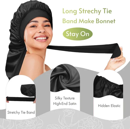 Vista 2 de BONNET QUEEN Braid Bonnet Silk Bonnet Foldable Extra Long Wrap for Braids Satin Bonnets with Tie Band Long Sleep Cap