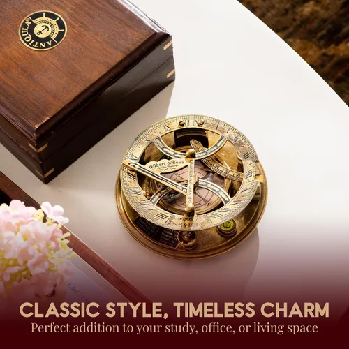 Vista 3 de Brújula grande de reloj de sol de 5 pulgadas con caja de madera de palisandro, reloj de reloj de sol de latón antiguo steampunk perfectamente