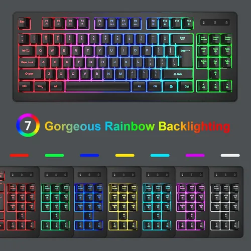 Vista 2 de BlueFinger Combo de teclado y mouse inalámbricos, batería recargable de larga duración, 87 teclas RGB con retroiluminación arco iris y mouse