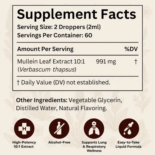 Vista 5 de Lung Naturals Gotas de gordolobo - Extracto concentrado de hoja de gordolobo 10:1 - Apoya la salud respiratoria diaria, sin alcohol, 60 porciones