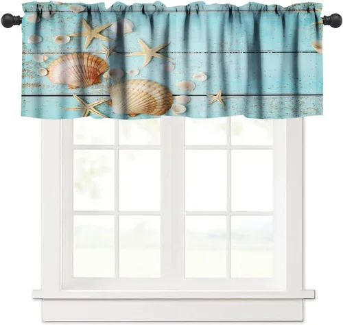 Vista 6 de JESTRONRY Cenefa de estrellas de mar con diseño de conchas marinas, cenefas de cortina con temática de playa oceánica para dormitorio, sala