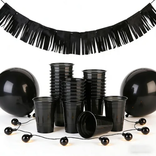 Vista 2 de Paquete de 100 vasos de plástico negros de 12 onzas, tazas de fiesta negras, copas de vino desechables transparentes para cumpleaños, picnics