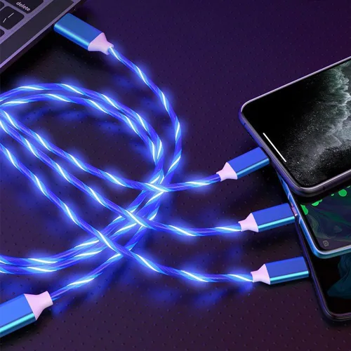 Vista 2 de IHAO Cable de carga multipuerto, 3 combinaciones en un cable USB A a USB C/Micro USB PD, cable de carga rápida iluminado LED que fluye compatible