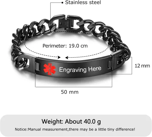 Vista 2 de Lam Hub Fong Pulsera de alerta médica de emergencia personalizada, grabado gratis, se envía al día siguiente, acero de titanio que no se deslustra