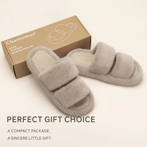 Vista 5 de Chantomoo Zapatos de casa de piel sintética para mujer, de espuma viscoelástica, peludos, cómodos, con dos bandas, para dormitorio, interiores