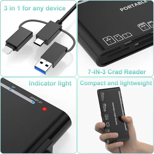 Vista 4 de Memory Stick Pro Duo - Lector de tarjetas SD/Micro SD/TF/XD/CF/M 7 en 1 para Windows, Mac, Linux (USB-A + USB-C + IP)